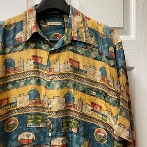 Vintage‎ Burma Bibas Shirt Mens Large 100% Silk S/S Button Up Luggage Traveler